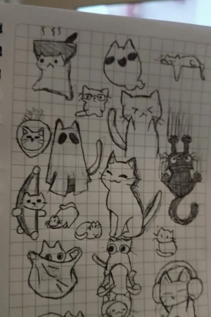 Uma página de um caderno quadriculado repleta de vários desenhos de gatos em diferentes poses e estilos, mostrando a criatividade lúdica do artista fazer no caderno. Para desenhar.