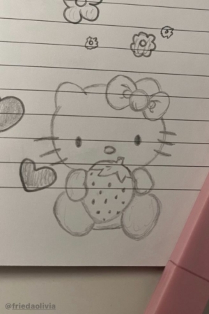 Um esboço a lápis de um gato de desenho animado segurando um morango em papel pautado com pequenos rabiscos florais ao lado, que lembra um desenho excêntrico encontrado em um antigo caderno. Para desenhar.