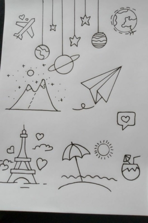 Ícones de viagem e férias: um avião, estrelas, planetas, montanhas, um avião de papel como um desenho em um caderno, a Torre Eiffel, praia, sol e coquetel. Para desenhar.