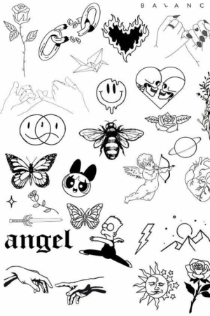 Uma colagem de vários desenhos em preto e branco no estilo tatuagem, incluindo corações, borboletas, uma abelha e a palavra "anjo", todos meticulosamente esboçados como se tivessem saído diretamente de um querido caderno de desenho. Para desenhar.