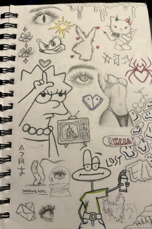 Uma página de caderno de desenho cheia de vários desenhos, incluindo olhos, uma TV, um coelho e rabiscos de personagens. Para desenhar.