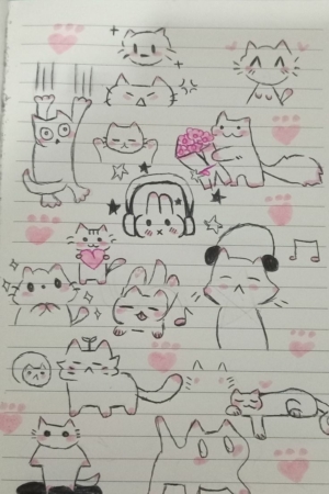 Gatos fofos de desenho animado com várias expressões e poses, incluindo ouvir música, segurar flores e andar de patins, tornando-os perfeitos para um esboço no seu caderno. Para desenhar.