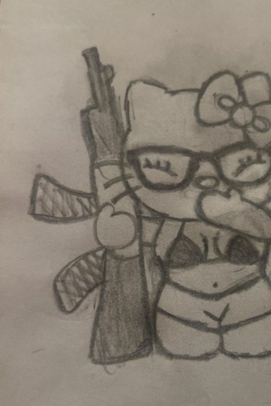 Um desenho de uma personagem 'Hello Kitty' usando biquíni, óculos e óculos de sol, feito em lápis no caderno. Para desenhar.