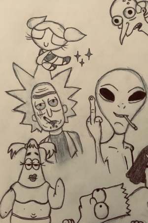 Esboços a lápis de vários personagens de desenhos animados em um caderno, incluindo um alienígena, um cientista e alguns outros com expressões peculiares. Para desenhar.