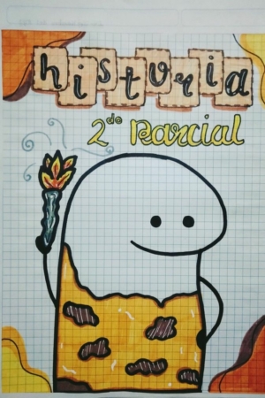 Personagem de desenho animado fofo segurando uma tocha com "Historia 2do Parcial" escrito acima dela em um fundo de papel quadriculado, perfeito para uma capa de caderno.