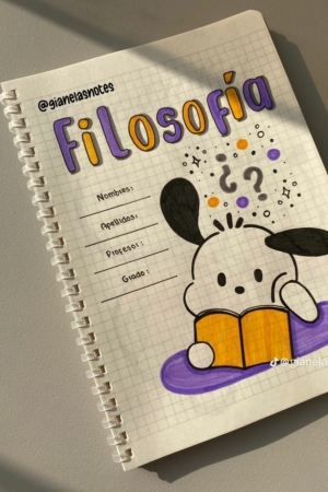 Uma página de caderno com um desenho fofo de um coelho lendo um livro intitulado "Filosofia" em papel quadriculado, perfeito para a capa do caderno.