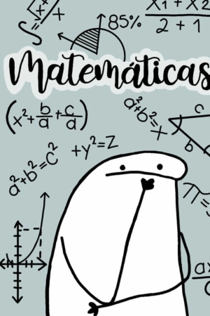 Um personagem de desenho animado parece confuso com equações e fórmulas matemáticas ao redor, perfeito para uma capa do caderno. A palavra "Matemáticas" está no topo.