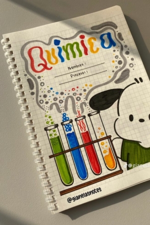 A capa do caderno de química apresenta texto colorido, tubos de ensaio e um divertido desenho de personagem animado.