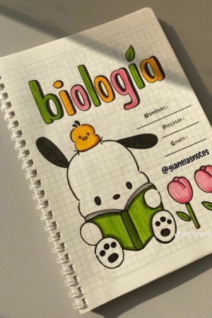 Linda capa de caderno de biologia com um desenho de um personagem de desenho animado lendo um livro e segurando uma flor.