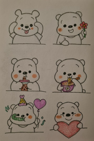 Desenho fofo de urso expressando várias emoções e atividades em seis painéis, incluindo comer e segurar um coração. Perfeito para seu desenho ou capa do caderno, essas cenas adoráveis trarão alegria às suas criações.