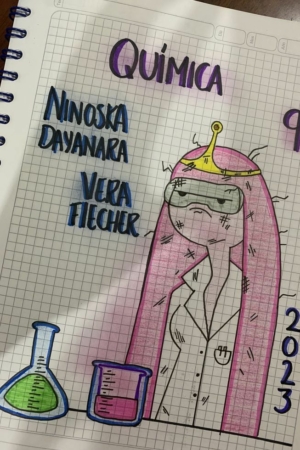 Desenho de uma pessoa em um jaleco com equipamentos de química, intitulado "Química 9º A 2023" com os nomes "Ninoska Dayanara" e "Vera Flecher", ideal como capa do caderno.