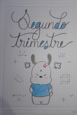 Desenho para caderno: "Segundo Trimestre" desenhado à mão com personagem de desenho animado furioso, fórmulas matemáticas e formas em papel milimetrado, perfeito como capa do caderno.