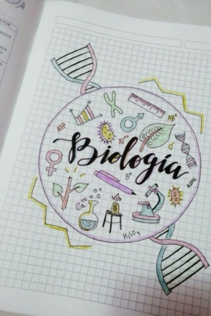 Um desenho colorido com rabiscos relacionados à biologia, como DNA, microscópio e célula, em papel quadriculado com o rótulo "Biologia" seria uma capa do caderno perfeita.