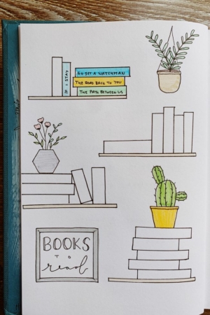 Ilustração de estantes com plantas em vasos, livros, uma placa de "Livros para ler" e um cacto em um vaso amarelo — inspiração perfeita para a capa do seu próximo caderno.