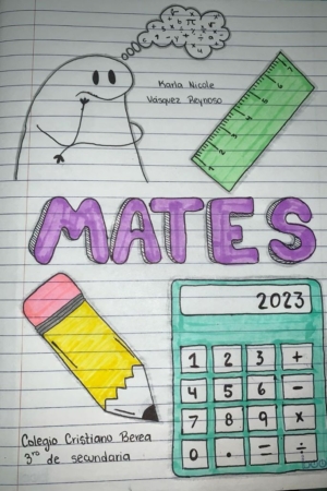 Capa de caderno com símbolos matemáticos, um lápis, calculadora, régua e a palavra "MATES" em letras coloridas. Ideal para fazer uma capa de caderno atraente.