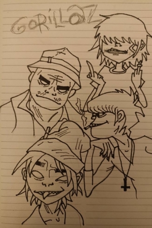 Desenho em preto e branco da criação do Gorillaz, mostrando quatro personagens animados com diferentes expressões e poses. Para Colorir.