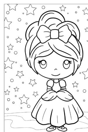 Página para colorir de uma menina em um vestido com um laço, de pé contra um fundo estrelado. Desenhos para você aproveitar e colorir.