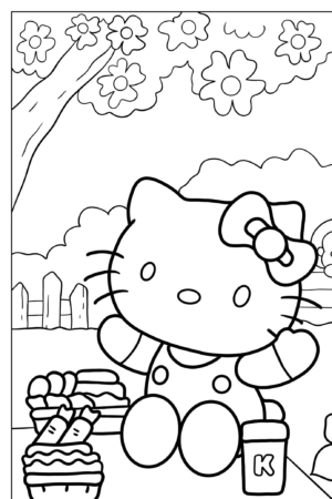 Hello Kitty aproveitando um piquenique sob uma árvore com várias guloseimas e uma bebida, enquanto uma menina senta ao lado dela. No fundo, você pode ver uma cerca e flores adicionando charme à cena — perfeito para colorir em seus Desenhos favoritos.