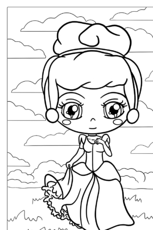 Uma garota de desenho animado em um vestido está em um campo gramado com nuvens ao fundo. Ela segura uma cesta e olha para frente, perfeita para colorir desenho para menina.