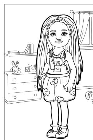 Desenho de uma menina com cabelos longos em um quarto, cercada por brinquedos e móveis ao fundo, pronto para colorir.