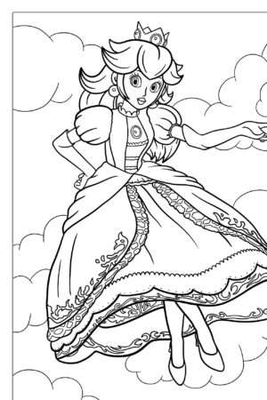 Uma princesa flutua entre as nuvens, usando um vestido e uma coroa detalhados, em uma linda ilustração de Desenhos para Menina para colorir.