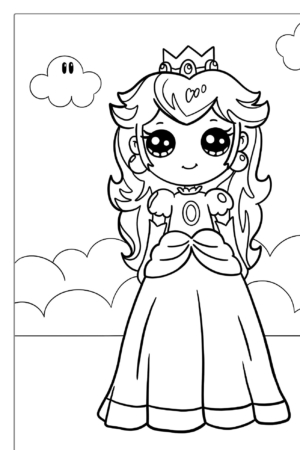 Princesa Menina de desenho animado em pé na frente de nuvens, usando uma coroa e um vestido longo, com duas pequenas nuvens flutuando ao seu redor, perfeita para desenhos de colorir.