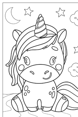 Um unicórnio fofo, estilo desenho animado, sentado sob um céu noturno com estrelas, uma lua crescente e nuvens sorridentes, perfeito para desenho para colorir que toda menina vai adorar.