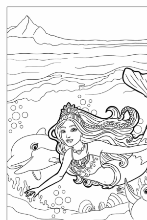 Uma menina sereia com uma coroa nadando debaixo d'água com um golfinho e uma foca, com montanhas visíveis ao fundo, perfeitas para colorir em desenhos encantadores.