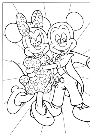 Mickey Mouse e Minnie Mouse, vestidos e sorridentes, estão juntos em um fundo com linhas radiantes, perfeito para desenhos para colorir.