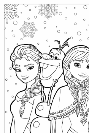 Personagens de pé juntos com flocos de neve ao fundo. Duas meninas com cabelos trançados, e a terceira é um boneco de neve sorridente, pronto para desenho para colorir.