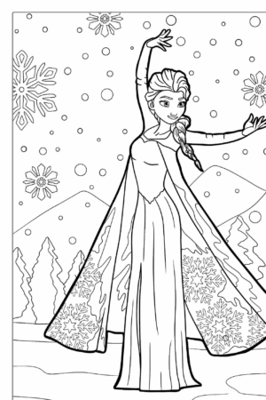 Uma página de colorir detalhada para meninos e meninas apresenta uma princesa com uma trança, usando um vestido longo em uma paisagem de neve com montanhas e flocos de neve – perfeita para quem ama desenhos para colorir.