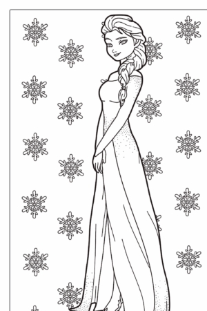 Uma página para colorir de uma menina em um vestido elegante com uma longa trança, em pé na frente de um fundo com padrão de flocos de neve, perfeita para desenho para colorir.