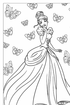 Uma princesa em um vestido esvoaçante cercada por borboletas enfeita a página para colorir, perfeita para Desenhos para Menina.