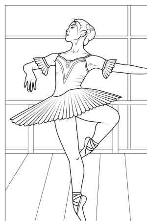 Desenho de uma menina bailarina equilibrada em uma perna em um estúdio de dança, usando um tutu e sapatilhas de ponta, com os braços graciosamente estendidos. Perfeito para colorir e se divertir com desenhos encantadores.