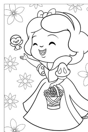 Uma garota de desenho animado com um laço e uma cesta de flores está entre grandes flores, sorrindo e acenando para um pequeno pássaro. Desenhos para Menina para colorir vai adorar esta cena encantadora.