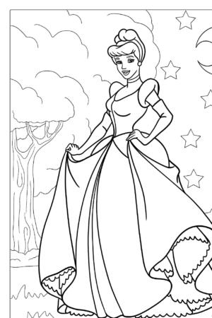 Uma princesa em um vestido está em um jardim com árvores, estrelas e uma lua crescente ao fundo, uma reminiscência de desenhos encantadores para crianças colorirem.