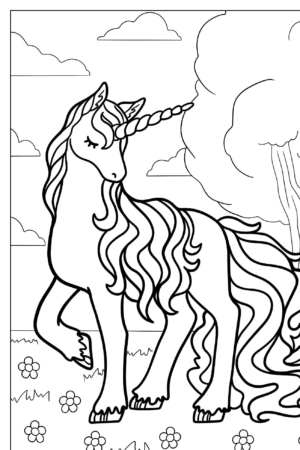 Um unicórnio majestoso com uma juba esvoaçante está em um campo gramado, perfeito para desenhos para colorir, com uma grande árvore e nuvens ao fundo.