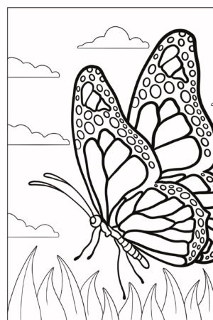 Borboleta contornada com padrões intrincados voando acima da grama sob um céu com nuvens, perfeita para desenhos para colorir e para encantar qualquer menina que ama colorir.