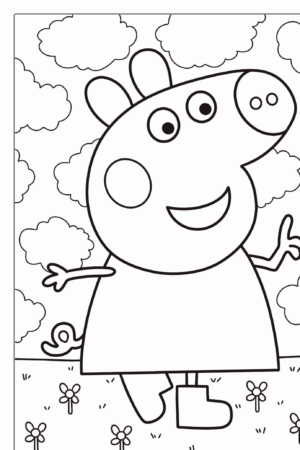 Um porco de desenho animado feliz, de vestido e botas, sorrindo e caminhando em um campo com flores e nuvens, perfeito para desenho de menina para colorir.