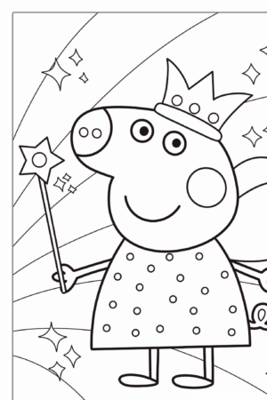 Um porco sorridente de desenho animado, usando um vestido, uma coroa e segurando uma varinha mágica, com estrelas e redemoinhos ao fundo, perfeito para meninas colorirem.