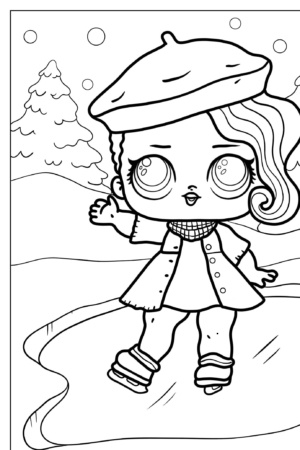 Garota fofa de desenho animado patinando no gelo com uma boina, de pé em uma perna e acenando, com árvores cobertas de neve ao fundo. Desenho perfeito para menina para colorir e aproveitar!