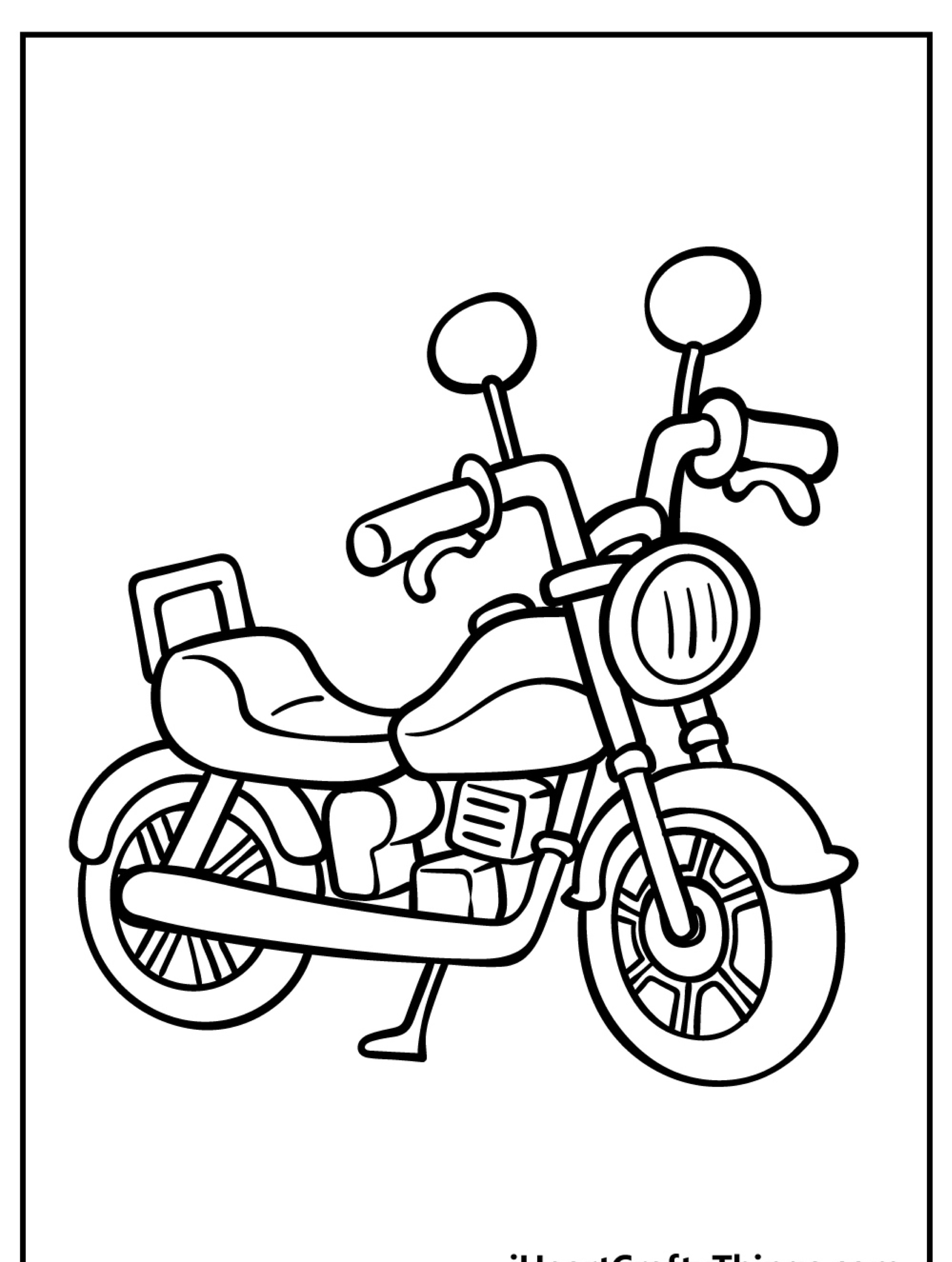 Desenho de uma motocicleta com dois retrovisores, farol e descanso, dentro de uma borda retangular. Ideal para colorir e imprimir, este é um dos melhores desenhos para meninos que gostam de aventuras sobre duas rodas. Para desenhar.