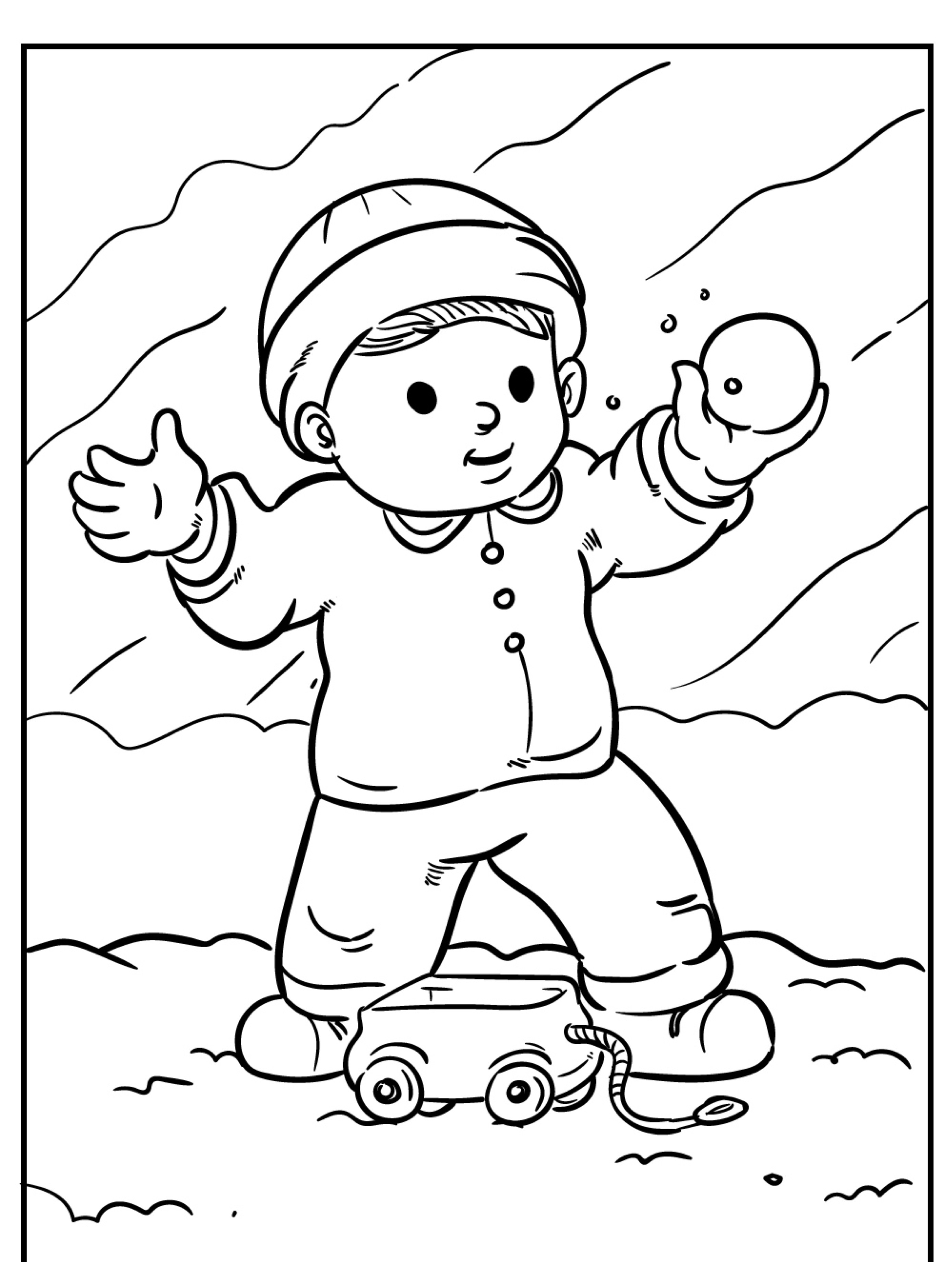 Criança com gorro e luvas em pé do lado de fora, segurando uma bola de neve, com um caminhão de brinquedo no chão. A cena poderia ter saído diretamente de desenhos para meninos colorir. Para desenhar.