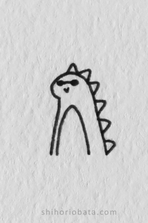 Desenho simples de um pequeno dinossauro usando óculos escuros em um fundo branco texturizado. Para desenhar -