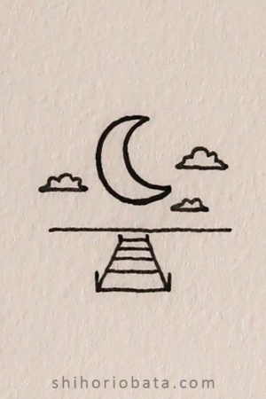 Desenho minimalista de uma lua crescente e nuvens acima de uma escadaria que leva para cima, com "shihoriobata.com" na parte inferior. Ideal para entusiastas que amam pequenos desenhos ou são apaixonados por desenhar paisagens noturnas serenas. Para desenhar -