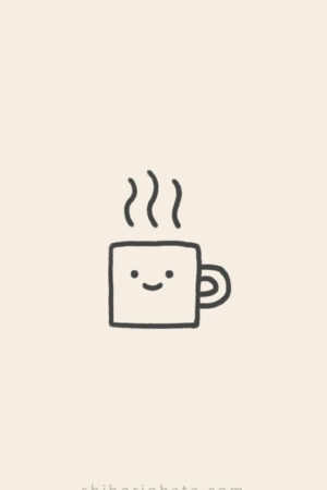 Ilustração simples de uma pequena caneca de café sorrindo com vapor saindo dela. "shihoriobata.com" está na parte inferior. Para desenhar -