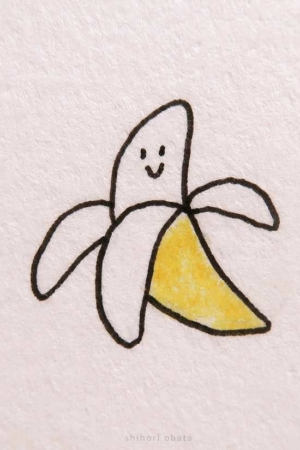 Desenho fofo de uma pequena banana sorridente com casca amarela parcialmente descascada, criado em um estilo simples e minimalista. Para desenhar -