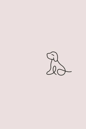 Desenho minimalista de um pequeno cachorro sentado em um fundo rosa claro. Para desenhar -