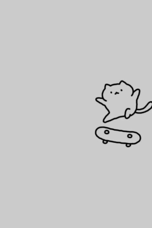 Um desenho simples de um pequeno gato fazendo uma manobra em um skate sobre um fundo cinza. Para desenhar -