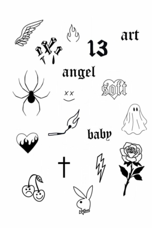 Uma coleção de vários desenhos em estilo de tatuagem em preto e branco com símbolos, objetos e palavras como "anjo" e "arte". Para desenhar -